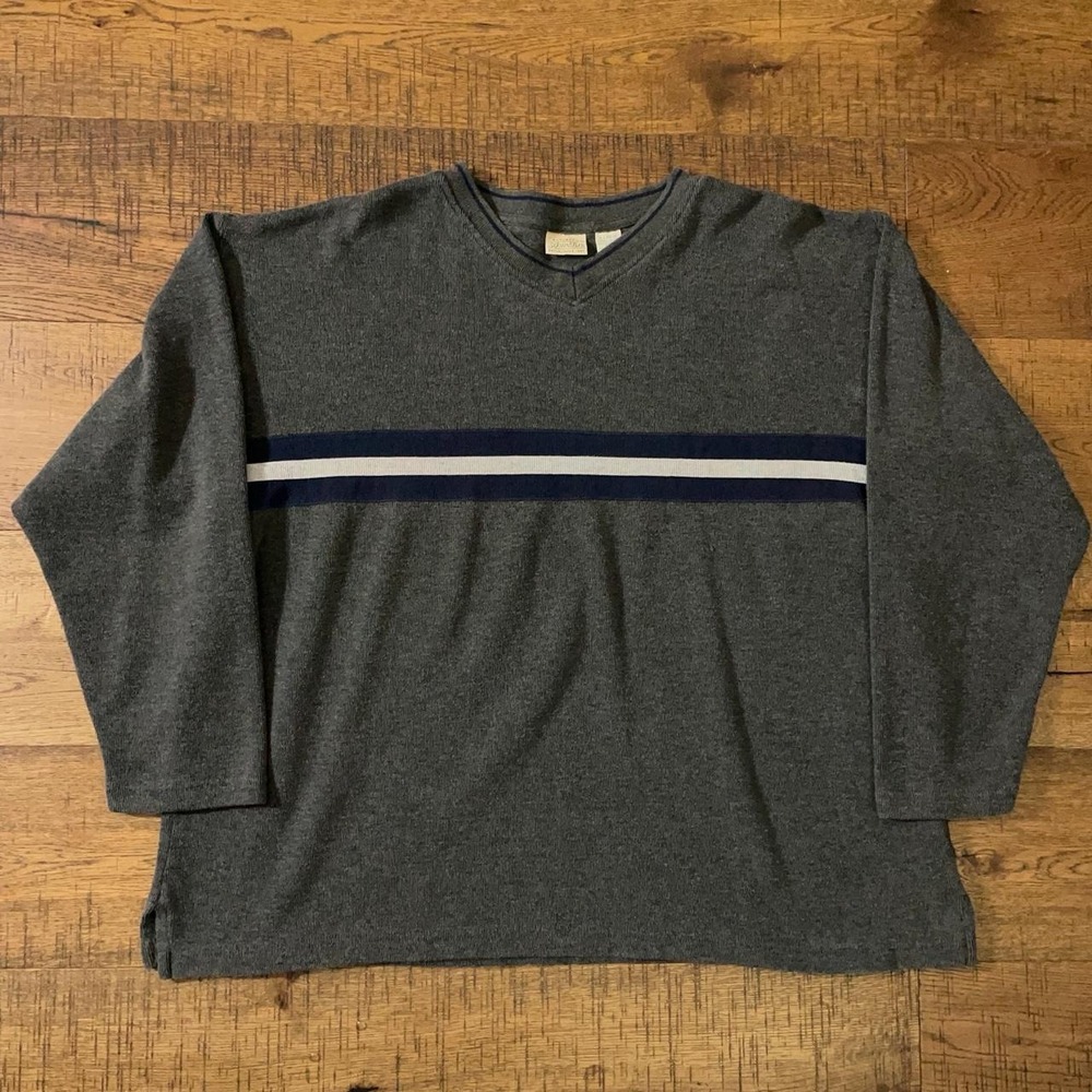 St. John's Bay Long Sleeve Shirt Mens XL Grey Academia Striped Vintage 90s VNeck